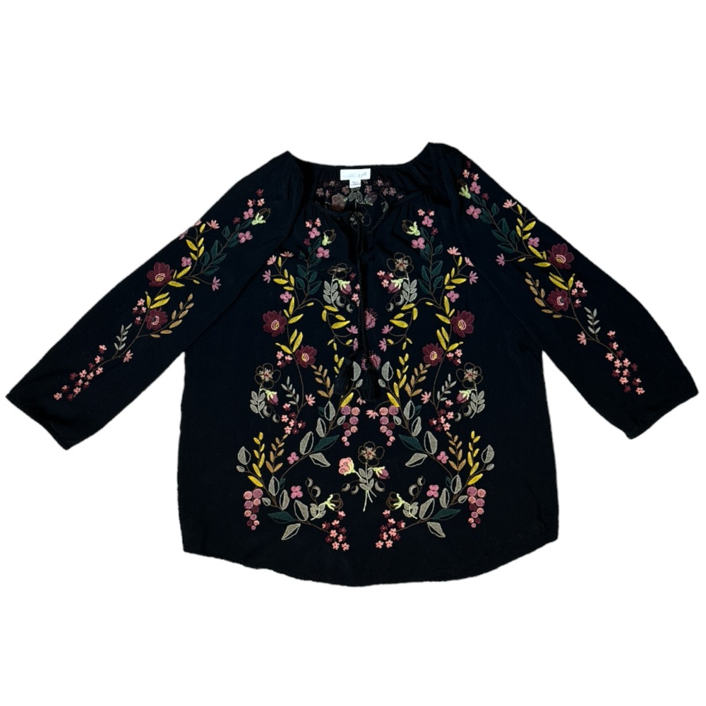 J.JILL FLORAL 3/4 SLEEVE BOHO FLORAL EMBROIDERED PEASANT BLOUSE - Picture 7 of 11
